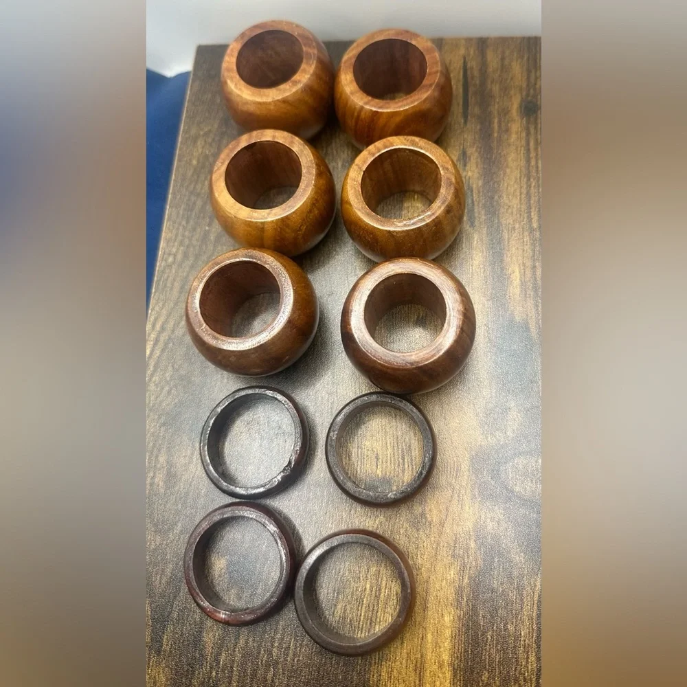 Vintage Mid-Century Modern Wooden Napkin Ring Set - 10 Piece